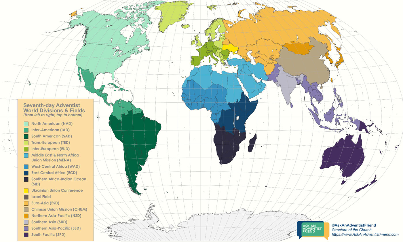 Seventh-day Adventist world divisions and fields map showing by different colors how areas around the world are grouped together for church organization.