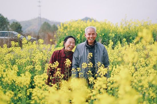 A healthy happy elder couple from the blue zone in California, walking through a field of flowers.