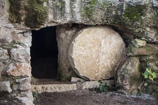 An open tomb with the stone rolled away, like when Jesus resurrected on the first day of the week