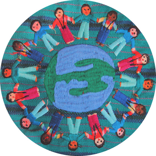 An embroidery of children holding hands around the earth to show that we are all children of God