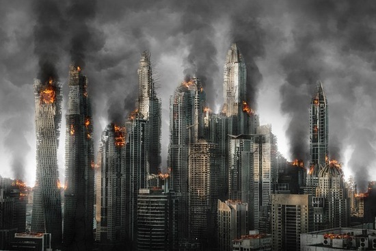 A city in flames, showing what may take place during the tribulation at the end of the world