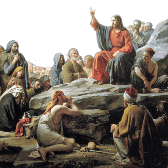 Jesus preaching the Sermon on the Mount to many listeners and giving a fresh perspective on the law of God