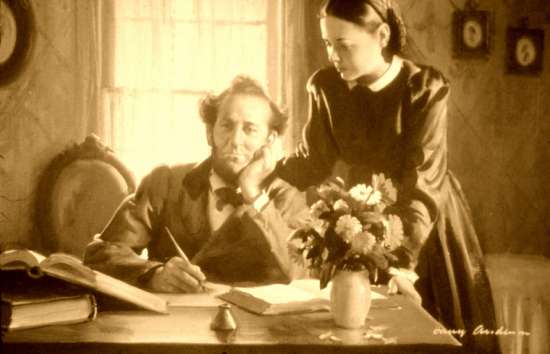 James White writes at his desk as Ellen White stands by his side.