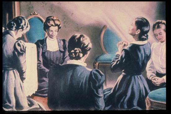 A painting of Ellen White in her first vision while at a prayer meeting with a group of women
