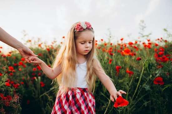 A small girl holding onto her mother's hand as she walks through a field of red poppies