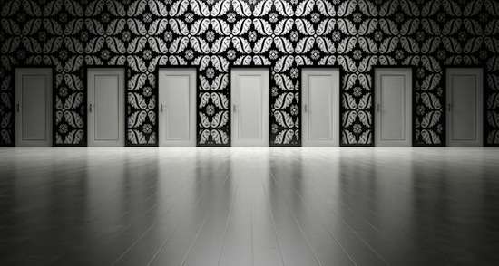 A black and white wall with many doors, representing many choices