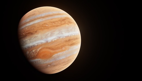 The planet Jupiter floats in space.