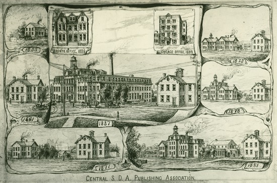 A lithograph print of the buildings that made up the SDA Publishing Association