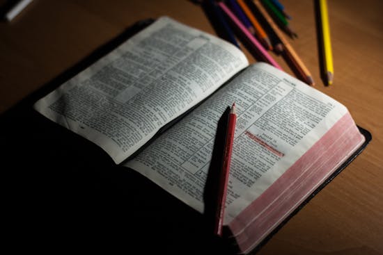 A Bible, the basis of Adventist faith, open on a table