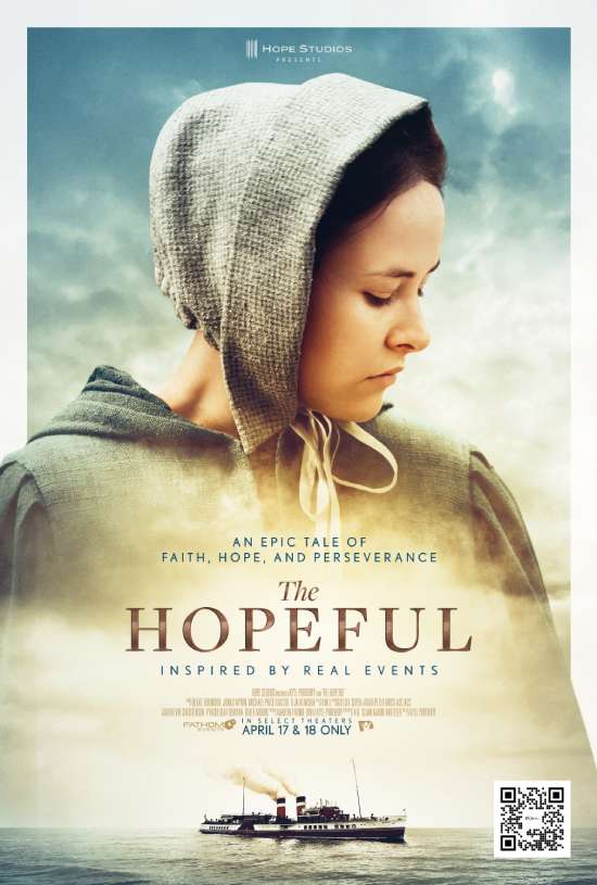 The movie poster for The Hopeful depicts a profile image of Ellen White above a boat traveling over open waters.